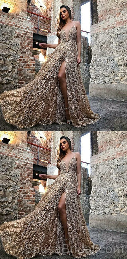 Spaghetti Straps Sparkly Sequin A-line Modest  Formal Elegant Long Prom Dresses, PD1213