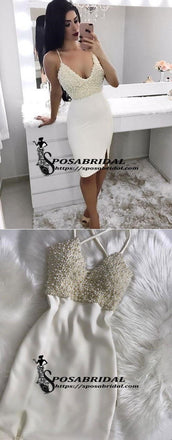 Spaghetti Straps Top Beading Tight Homecoming Dresses, Short Sexy prom dresses with split , BD0224