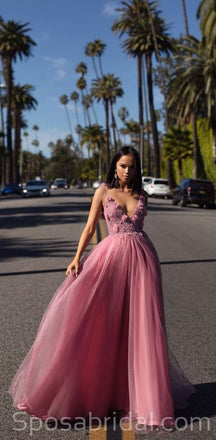 Spaghetti Straps V-Neck A -line Tulle Modest Fashion Prom Dresses, Long prom dress, PD1374