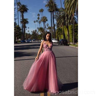 Spaghetti Straps V-Neck A -line Tulle Modest Fashion Prom Dresses, Long prom dress, PD1374
