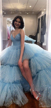 Sparkly Baby Blue Spaghett Strap High-low Pleated Long Prom Dress, PD3130