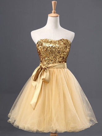 Sparkly Gold Sweetheart Strapless A-line Short Homecoming Dress, BD0403