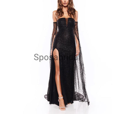 Strapless Long Sleeves Black Side Slit Mermaid Sexy Modest Simple Prom Dresses PD1917