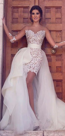 Sexy Lace Mermaid Short Tulle Detachable Train Wedding Dress, PD0226