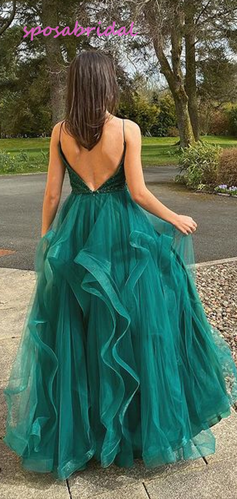 Charming Sweetheart Spaghetti Strap Sequin Organza Prom Dresses, PD3051