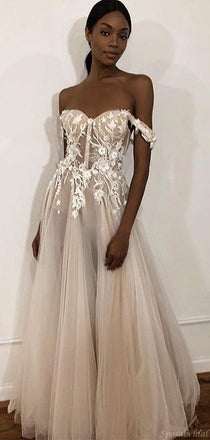 Sweetheart Unique Off the Shoulder Ivory A-line Long Beach Wedding Dress, WD0587