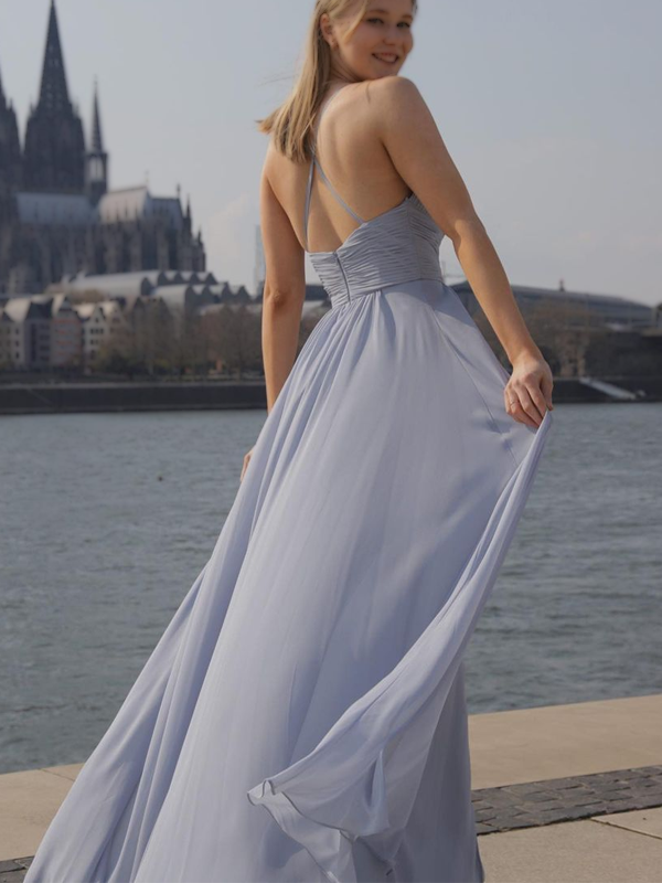 Sweetheart Dusty Blue Spaghetti Strap Lace-up Back Chiffon A-line Bridesmaid Dresses, BD3023