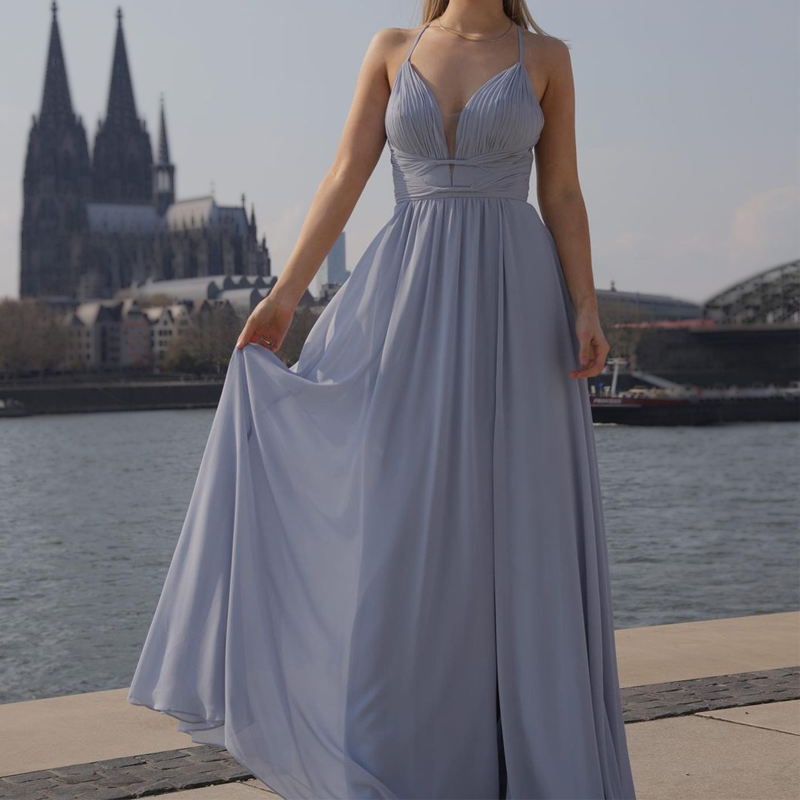 Sweetheart Dusty Blue Spaghetti Strap Lace-up Back Chiffon A-line Bridesmaid Dresses, BD3023