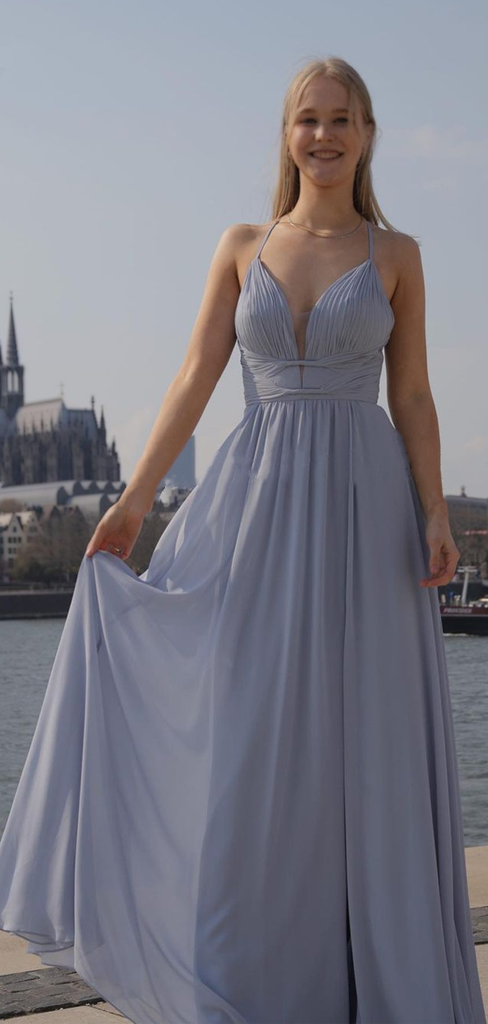 Sweetheart Dusty Blue Spaghetti Strap Lace-up Back Chiffon A-line Bridesmaid Dresses, BD3023