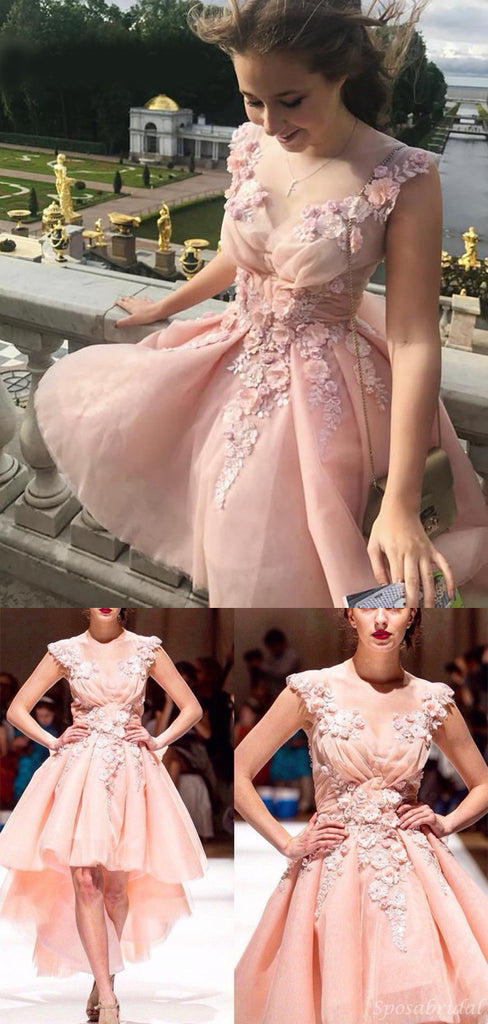 Sweet Pink Floral Lace Applique A-line High-low Homecoming Dress, HD3047