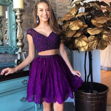 Two Piece V-Neck Beading Purple Homecoming Dress with Lace , PD0363