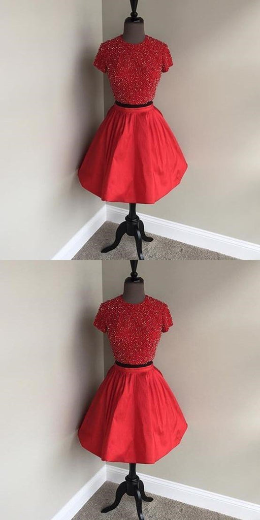 Two Pieces Short Sleeves High Neck Short Red Homecoming Dresses 2018, CM521