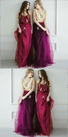 Two Pieces Tulle  Sequin Sparkly Pretty Young Spaghetti Straps Dark Red Gold Burgundy Bridesmaid Dresses, WG276