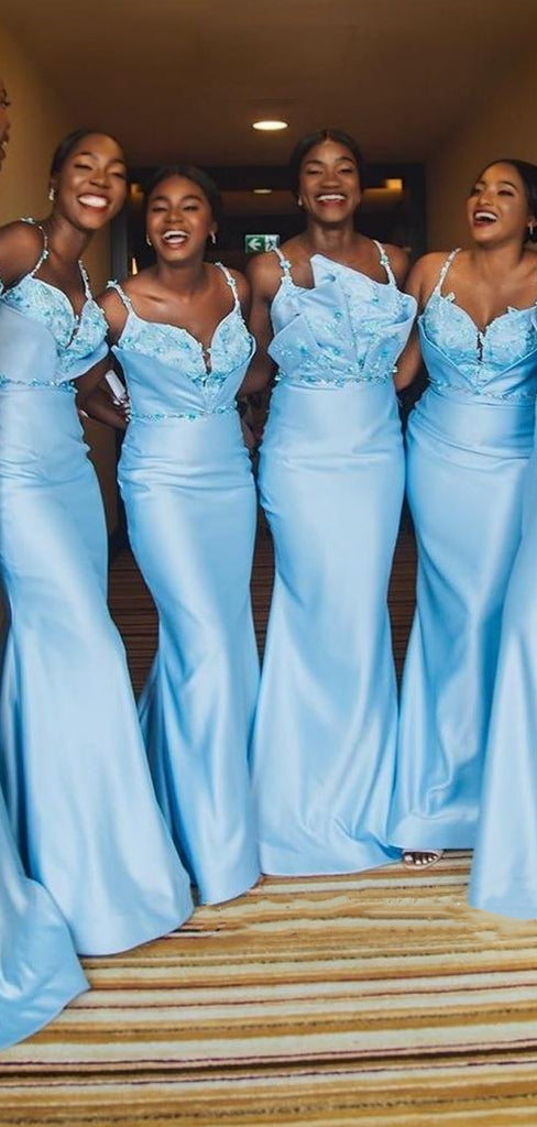 Two Style Baby Blue Spaghetti Strap Sweetheart Mermaid Sexy Long Bridesmaid Dress, BD3051