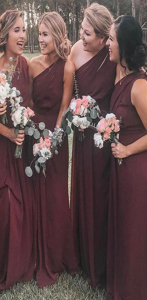 Unique Design Pretty Elegant Formal One Shoulder Burgundy Chiffon Long Bridesmaid Dresses, WG500