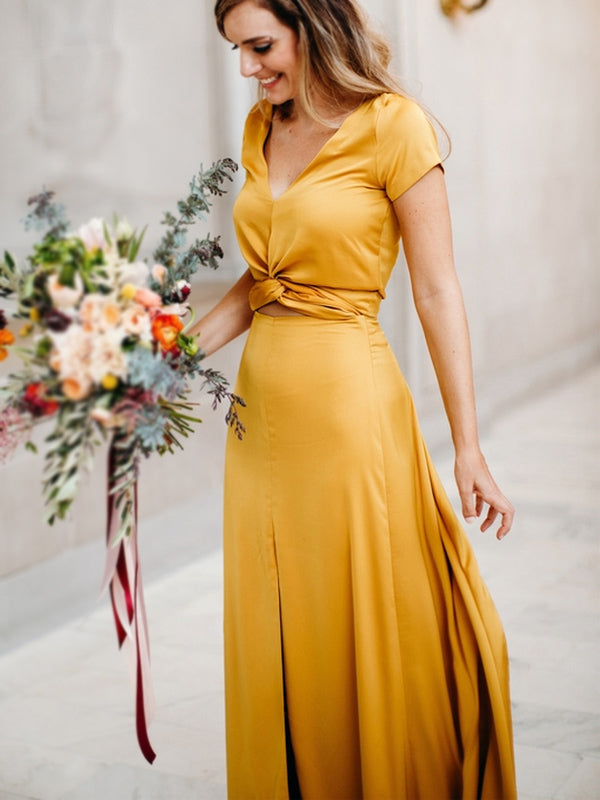 Unqiue Yellow Short Sleeve V-neck Slit Long Bridesmaid Dresses, WG741