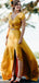 Unqiue Yellow Short Sleeve V-neck Slit Long Bridesmaid Dresses, WG741