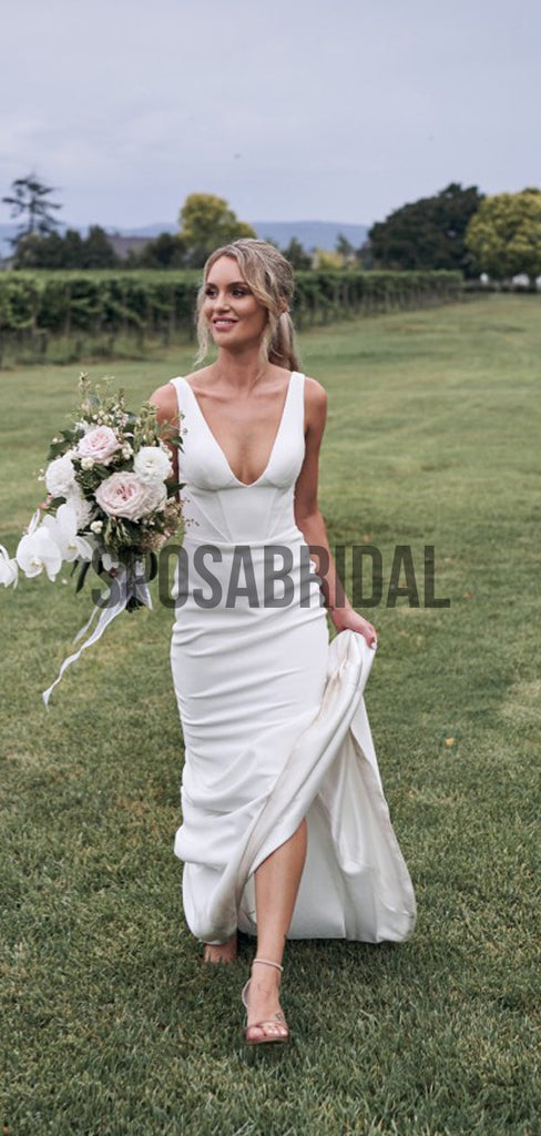 V-Neck Long Simple Cheap Beach Wedding Dresses WD0531