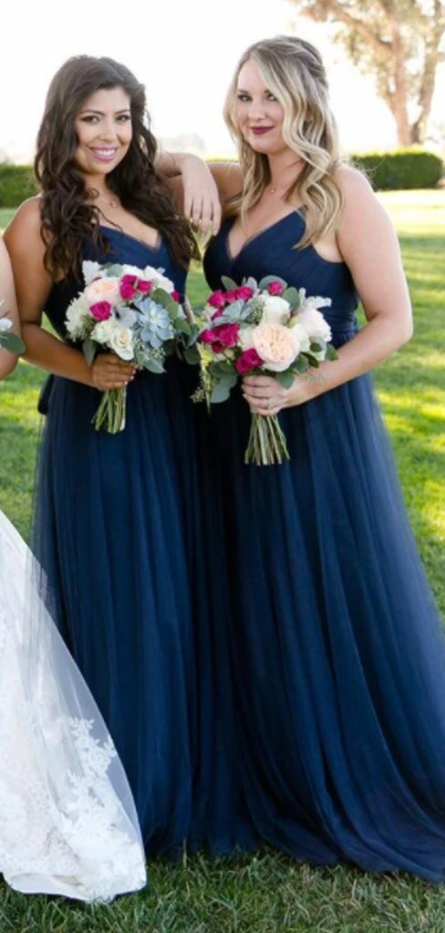 V-Neck Navy Blue Long Tulle A-Line Elegant Bridesmaid Dresses,WG347