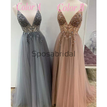 V-Neck A-line Sequin Tulle Sparkly Popular Prom Dresses PD2109