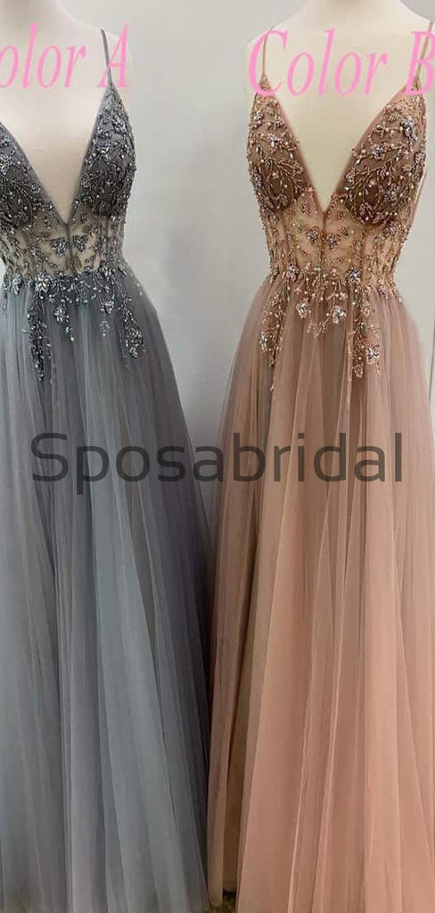 V-Neck A-line Sequin Tulle Sparkly Popular Prom Dresses PD2109