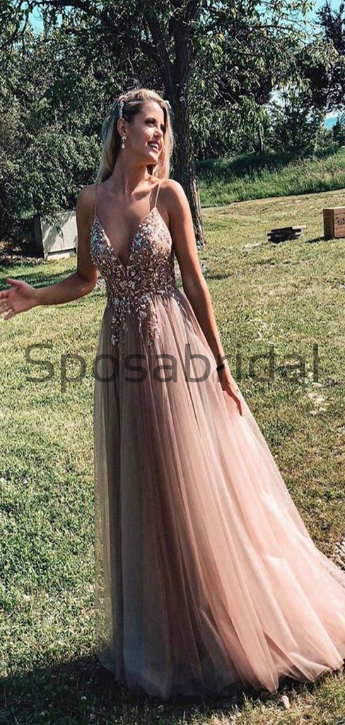 V-Neck A-line Sequin Tulle Sparkly Popular Prom Dresses PD2109