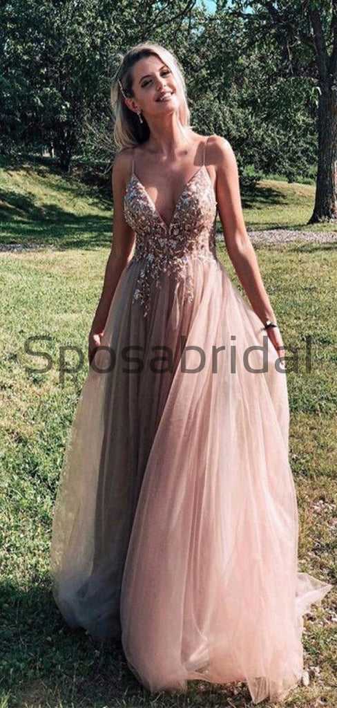 V-Neck A-line Sequin Tulle Sparkly Popular Prom Dresses PD2109