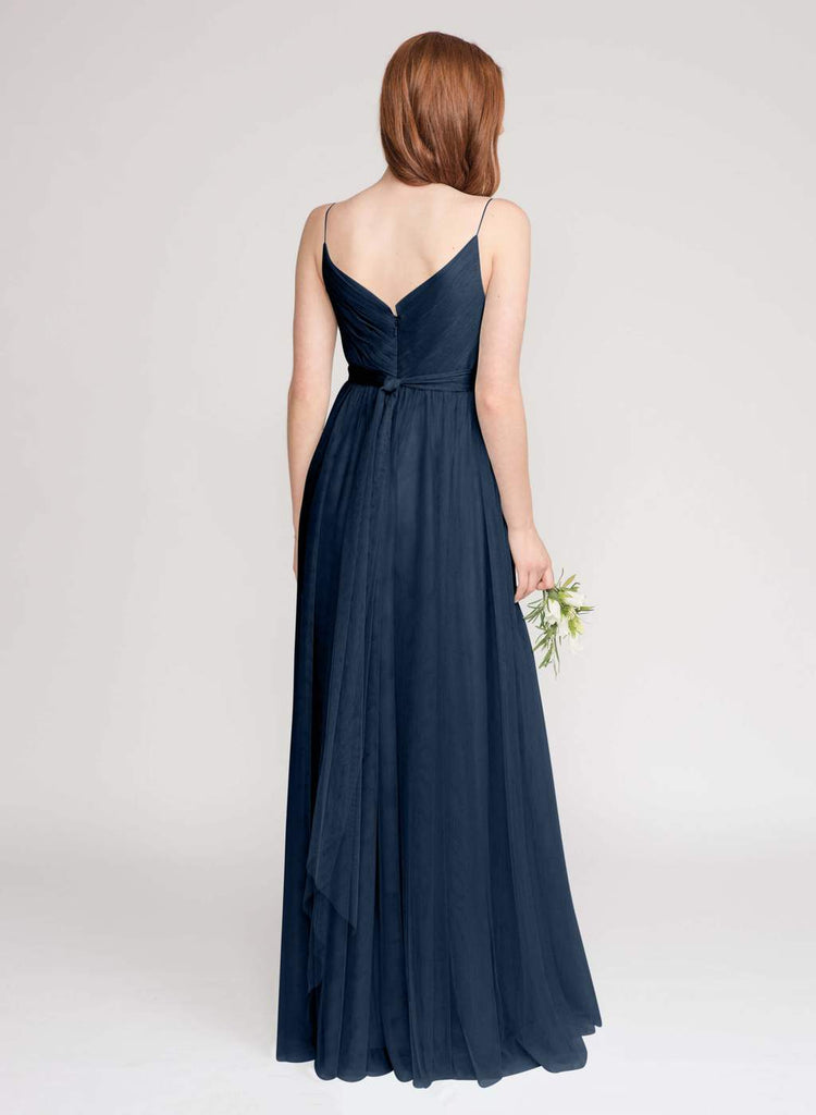 V-Neck Navy Blue Long Tulle A-Line Elegant Bridesmaid Dresses,WG347