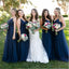 V-Neck Navy Blue Long Tulle A-Line Elegant Bridesmaid Dresses,WG347