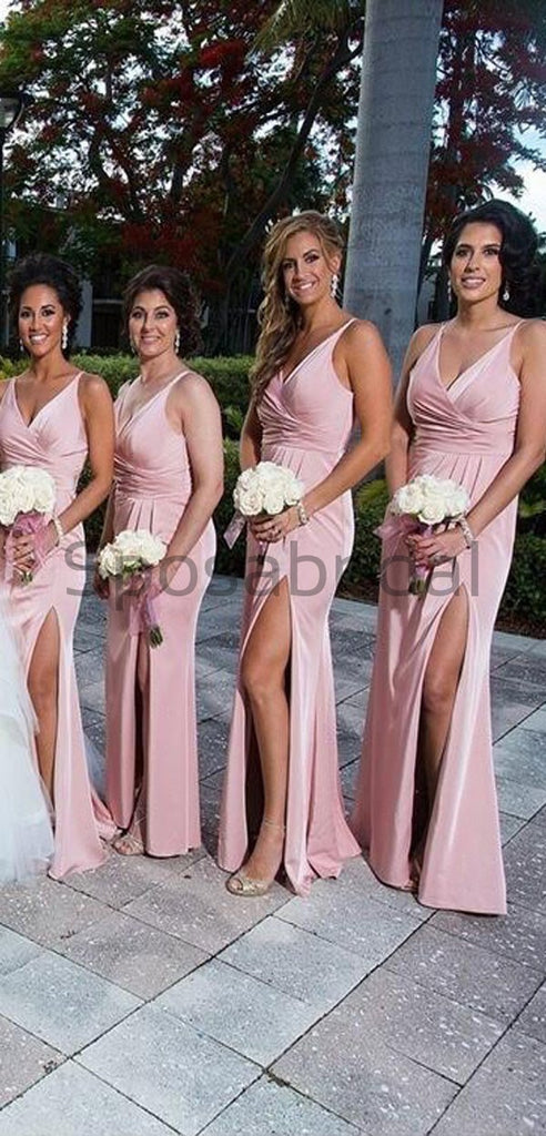 V-Neck Pink Side Slit Mermaid Simple Formal Elegant Bridesmaid Dresses  WG594