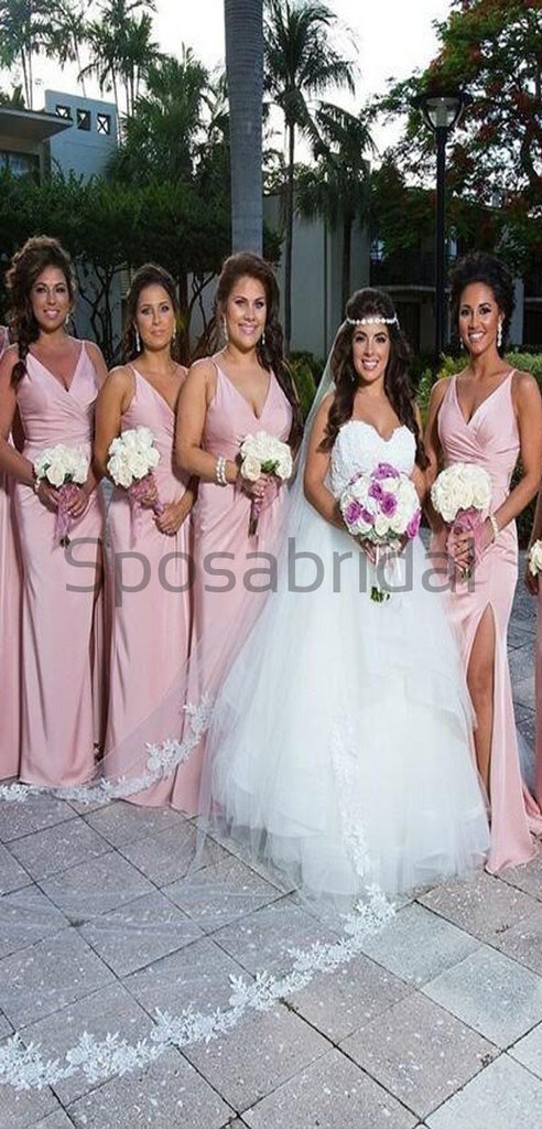 V-Neck Pink Side Slit Mermaid Simple Formal Elegant Bridesmaid Dresses  WG594