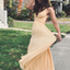 Cheap Light Yellow V-neck Lace Back Up A-line Chiffon Long Bridesmaid Dress, BD3008