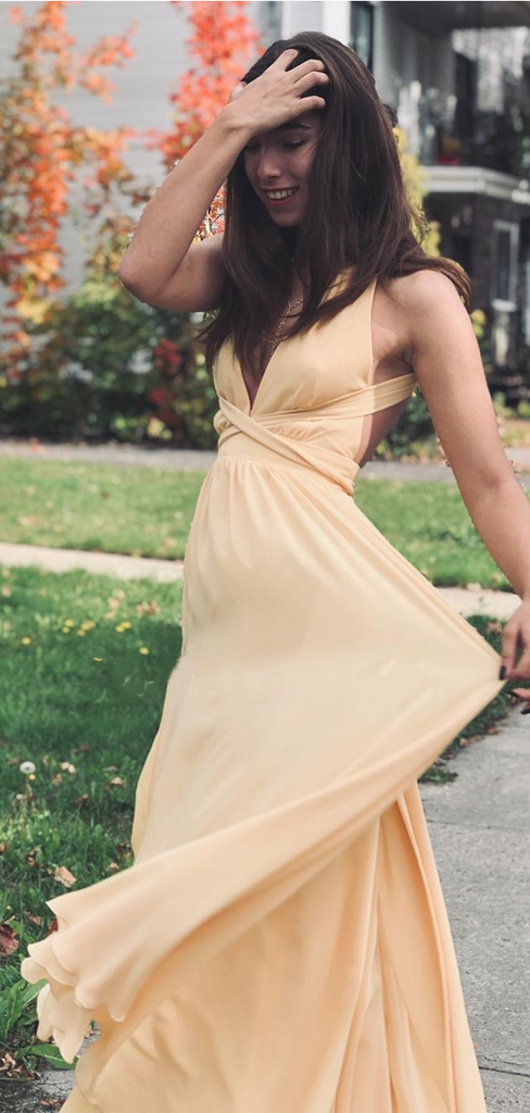 Cheap Light Yellow V-neck Lace Back Up A-line Chiffon Long Bridesmaid Dress, BD3008