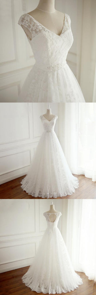 V Neck Open Back Full Lace Long Simple Beach Summer Spring Floor-length Cheap Wedding Dresses, WD0293