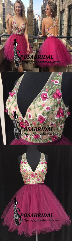 V Neck Short Embroidery Floral Fuchsia Most Popular Pretty Cheap Homecoming Dresses , BD0220