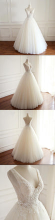 V Neck Tulle Ivory Lace Weeding Dresses with beads, Floor-length Lace Up Back Formal Bridal Gowns, WD0294