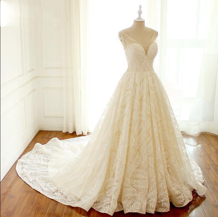 V Neck Unique New Design Wedding Dresses , Lovely Romantic Long Elegant Summer Bridal Gowns , WD0295