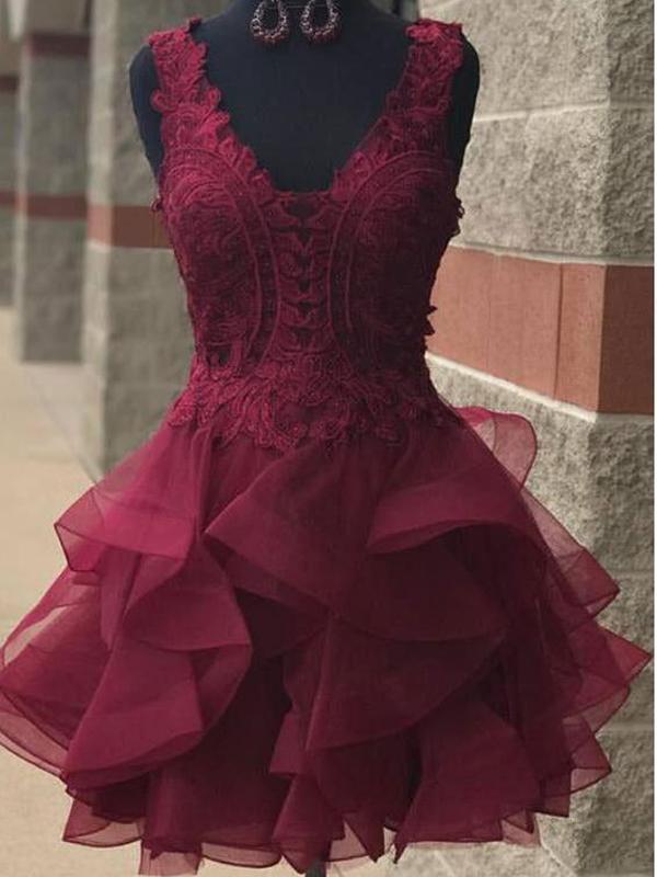 V Neck Burgundy Lace Short Cheap Homecoming Dresses Online, CM579