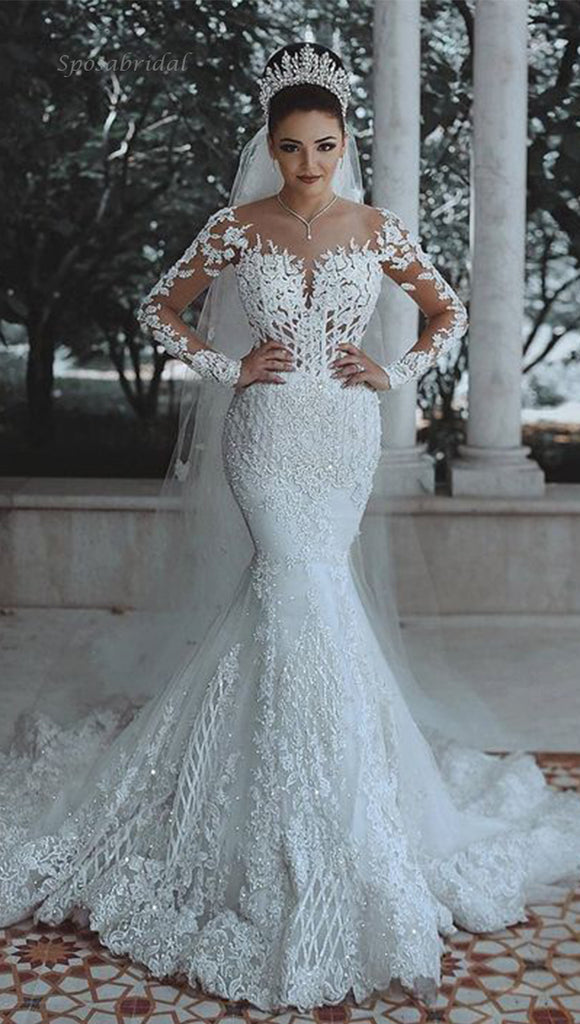 Luxury Beaded Illusion Lace Long Mermaid Wedding Dresses, WD0340