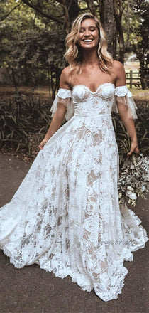 A-line Lace Off the Shoulder Dream Vintage Wedding Dresses  WD0481
