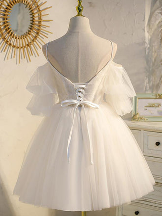 Spaghetti Straps Ruffle Sleeves Lace A-line Short Mini Wedding Dress, WD3016