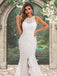 Halter Jewel Neck Lace Open Back Side-slit Mermaid Long Wedding Dress, WD3092