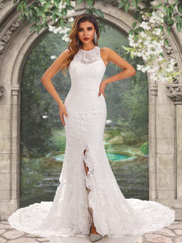 Halter Jewel Neck Lace Open Back Side-slit Mermaid Long Wedding Dress, WD3092