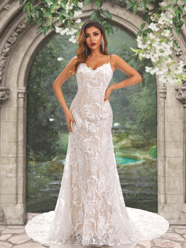 Spaghetti Straps Sweetheart Lace Half Open Back Mermaid Long Wedding Dress, WD3093