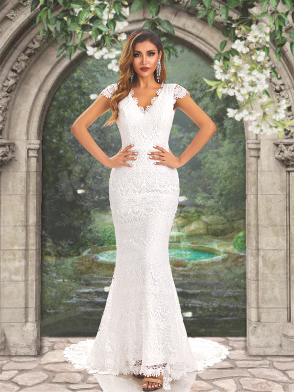 Sexy Bohemian V-neck Cap Sleeves Open Back Mermaid Long Wedding Dress, WD3095