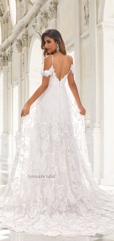 Off-shoulder Bohemian Lace Open Back A-line Long Wedding Dress, WD3096