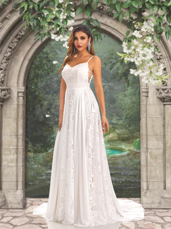 Spaghetti Straps V-neck Bohemian Lace A-line Long Wedding Dress, WD3097