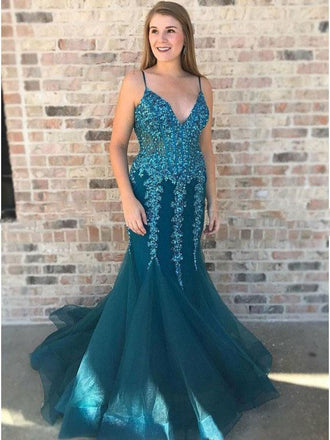 White Red Teal Gold V-neck Spaghetti Straps Sexy Elegant Prom Dresses, PD0481