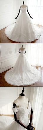 White Off Shoulder Long Affordable Wedding Dresses, Real Made Cheap High Quality Bridal Gowns With Train, WD0297