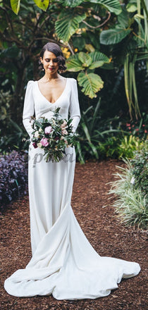 White Satin Long Sleeve V-neck With Train Simple Wedding Dresses WD370